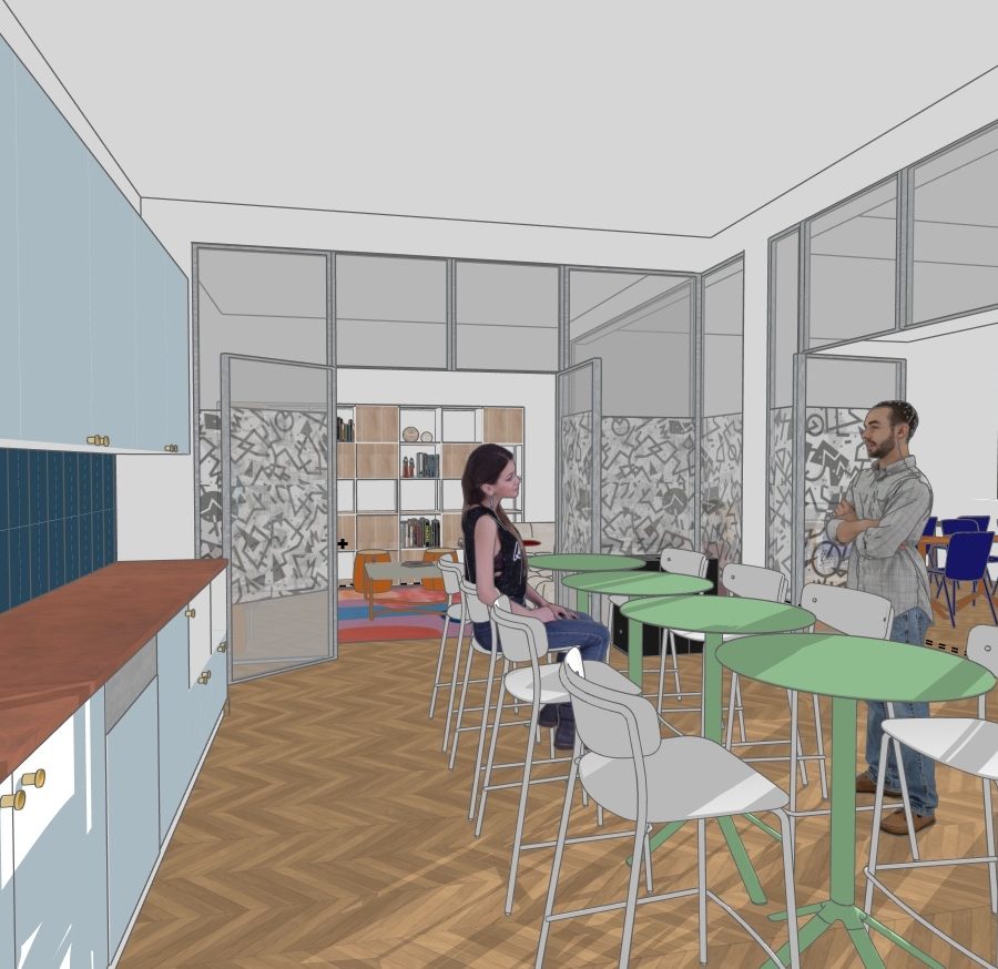 Emissive, the cafeteria and its standing tables