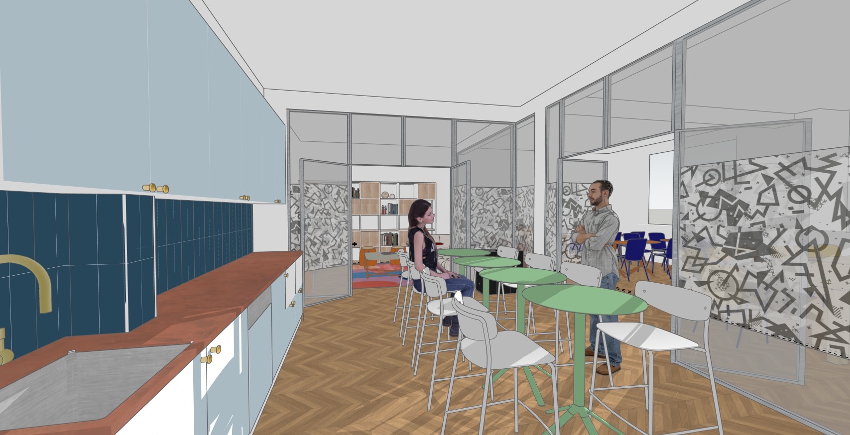 Emissive, the cafeteria and its standing tables