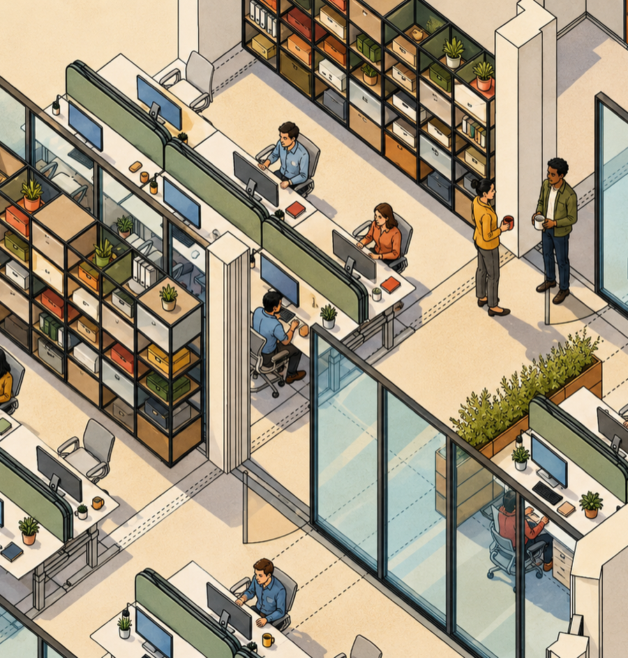 Isometric drawing of the Emissive offices: workstations, glazed meeting rooms, storage walls and planted dividers