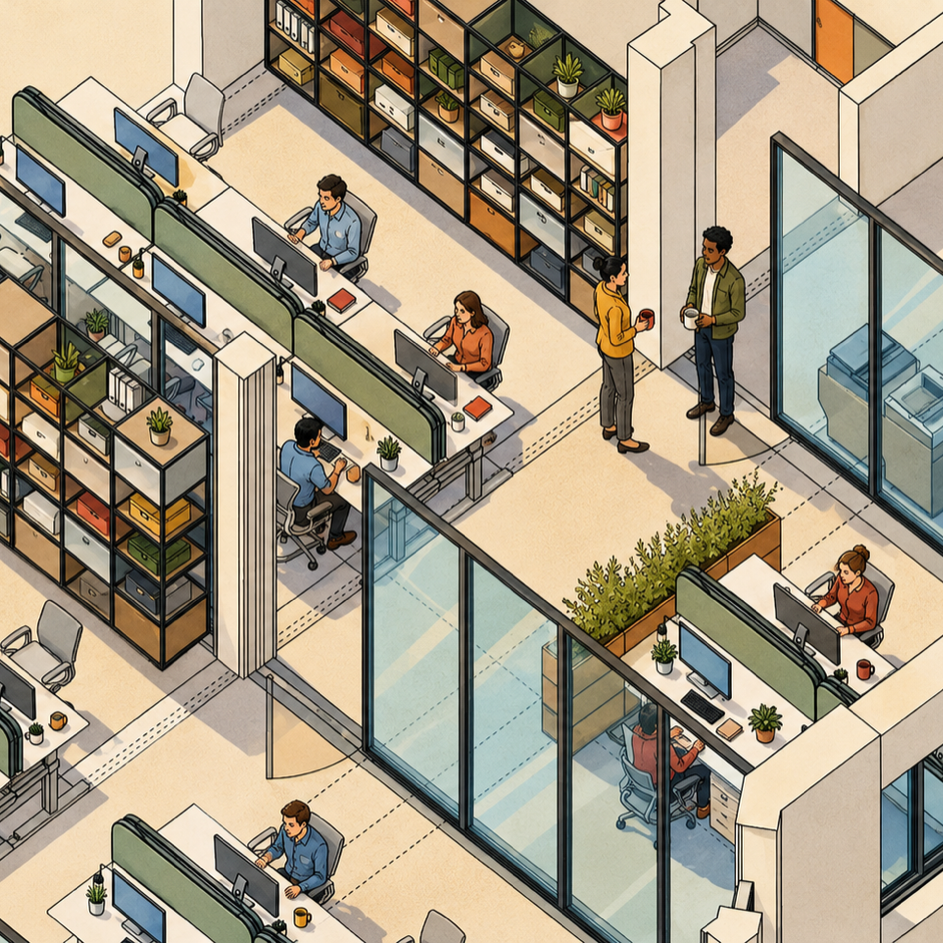 Isometric drawing of the Emissive offices: workstations, glazed meeting rooms, storage walls and planted dividers