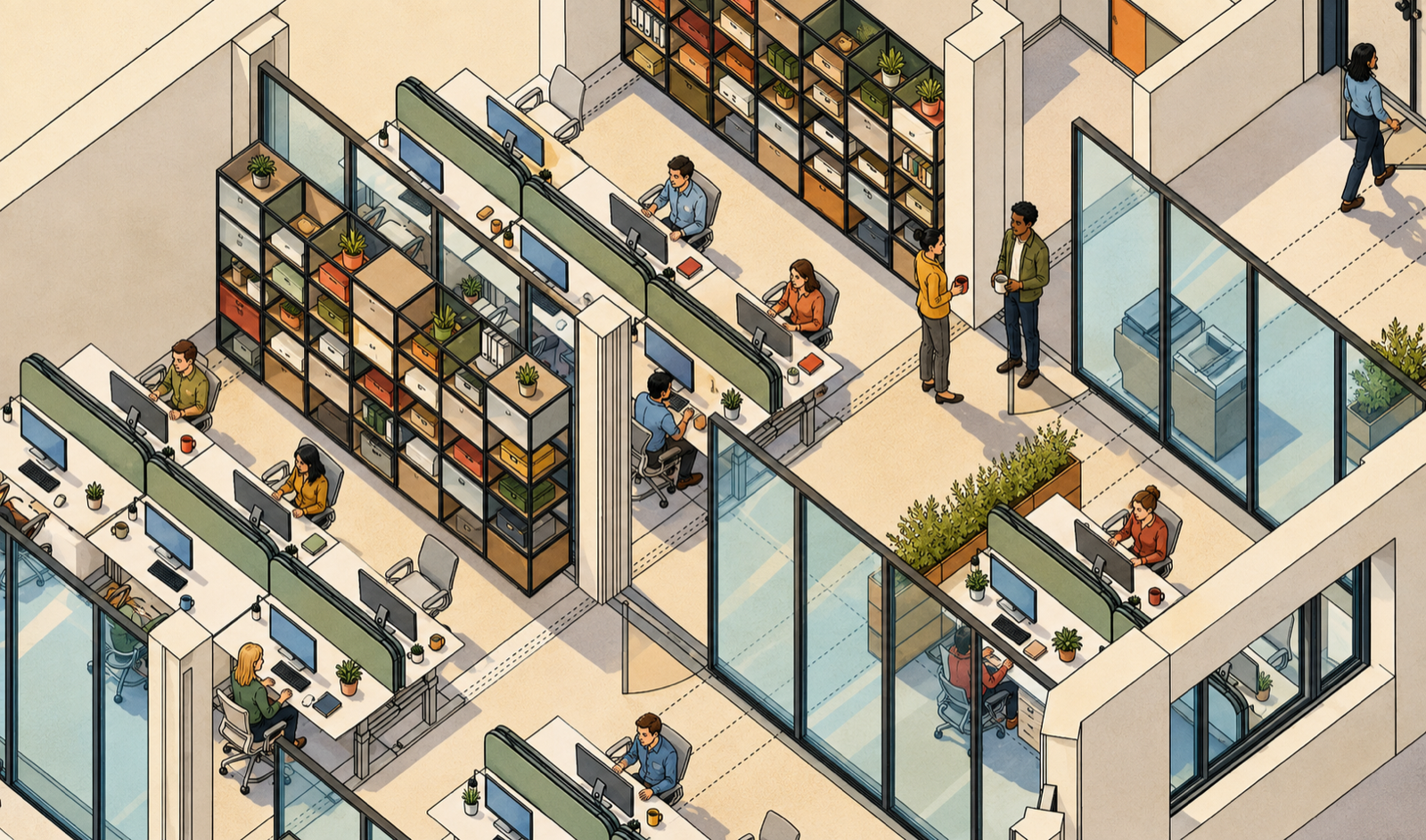 Isometric drawing of the Emissive offices: workstations, glazed meeting rooms, storage walls and planted dividers