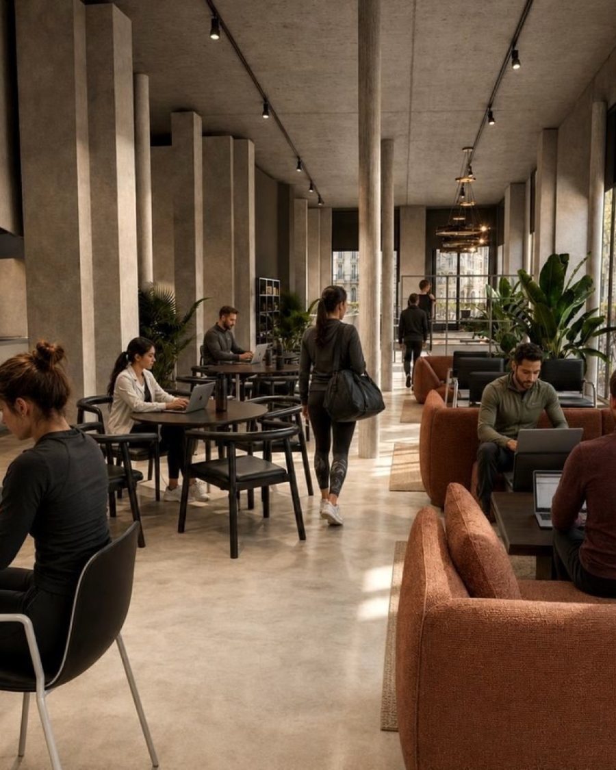 The ground-floor lounge at MEO Paris: concrete columns, café tables and terracotta banquettes along the street glazing